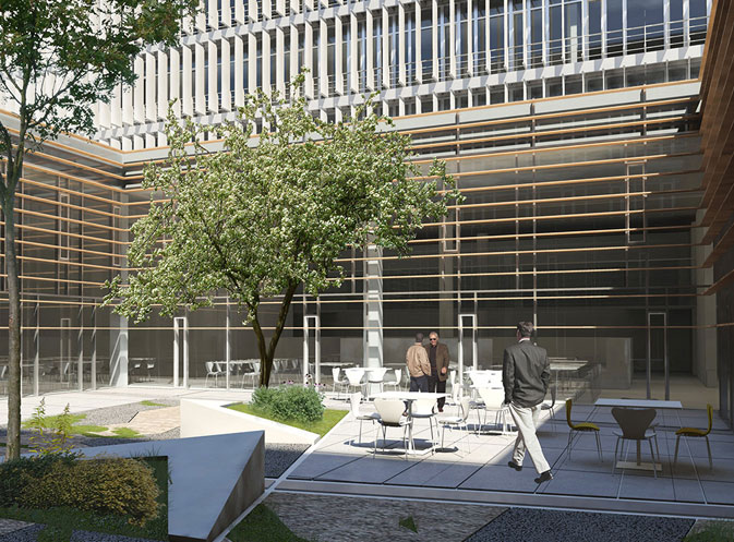 Muro cortina de madera realizado con vigas de madera de roble de uso estructural para sumar belleza a la sostenibilidad en esta fachada ligera en el secretariado del Parlamento Europeo de Luxemburgo.